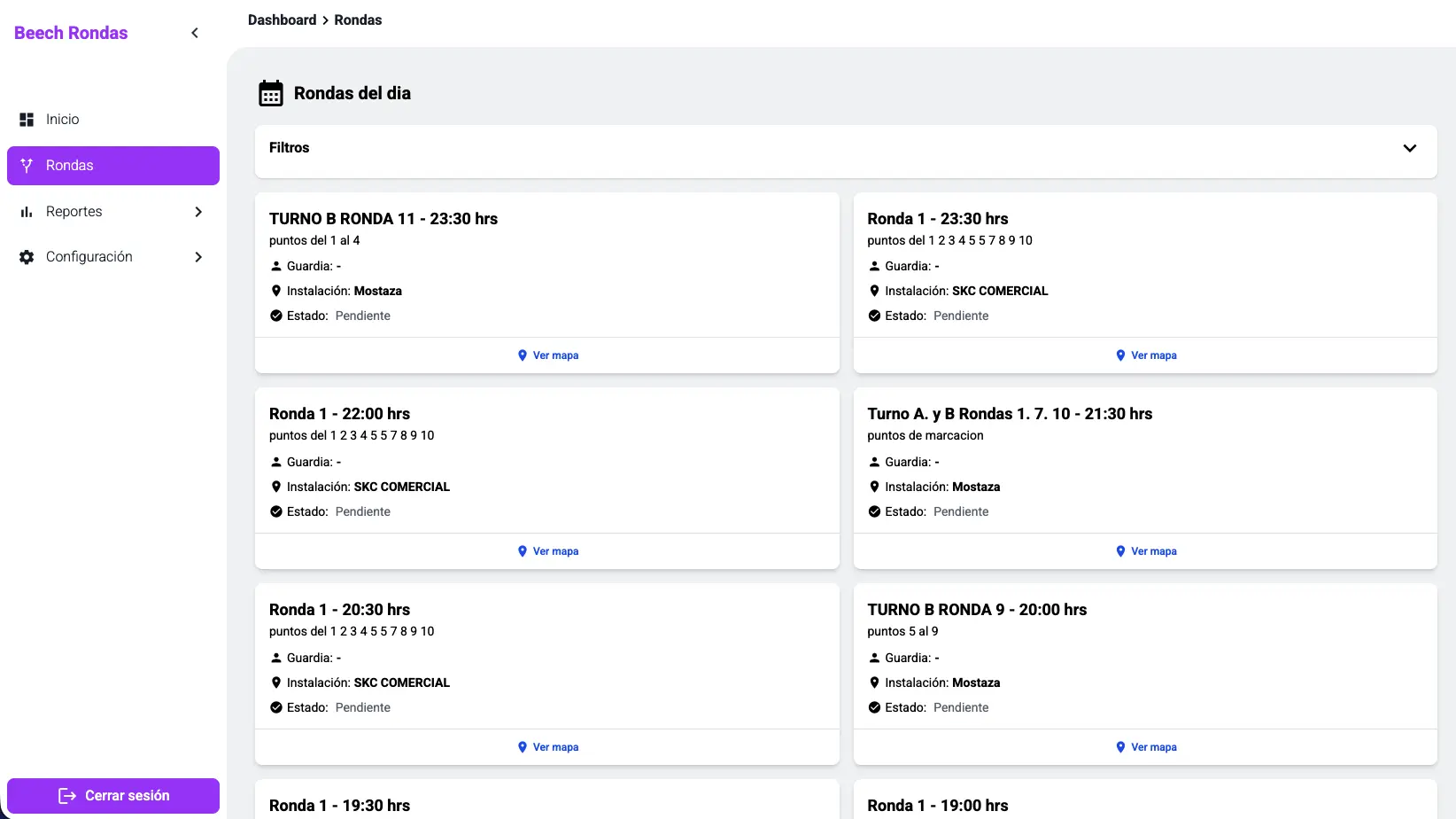 Sistema de rondas Beech - Dashboard principal Panel de control del sistema de rondas Beech
